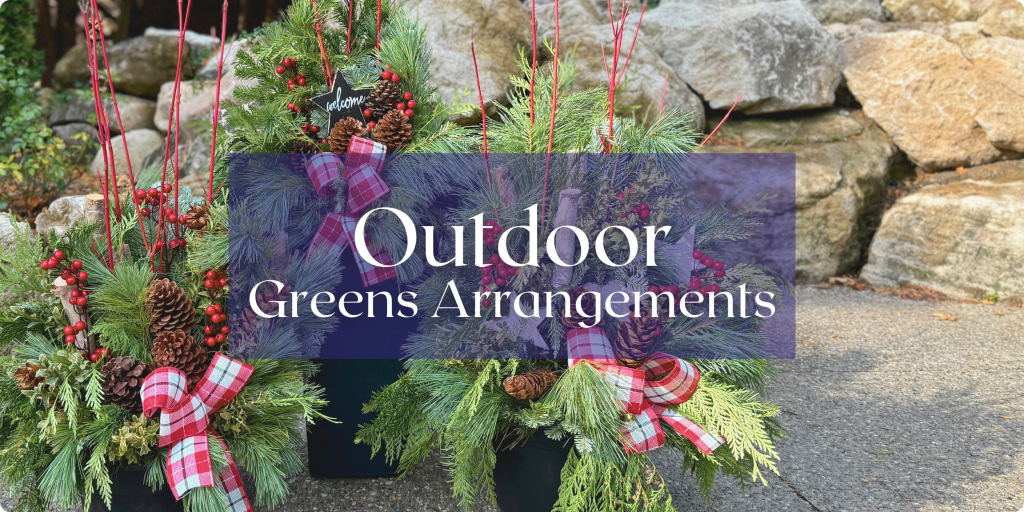 Three outdoor evergreen arrangements filled with red and white decor and ribbon. Text: Outdoor Greens Arrangements.