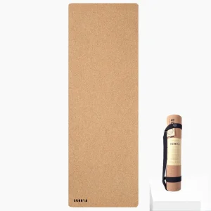 cork yoga mat on white background with image snip of packaging