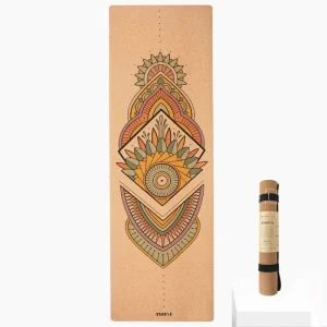 cork yoga mat with colourful mandala design on white background