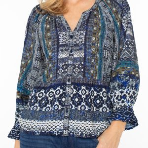 Liverpool 3/4 Sleeve Button Front Top (Blue Shibori)