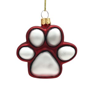 Holiday Ornament -  Glass Paw Print 3.5" Red/White