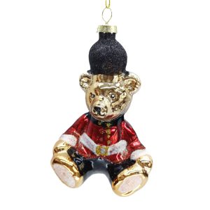 Holiday Ornament -  Glass Bear Shiny with Glitter 5" Red/Gold