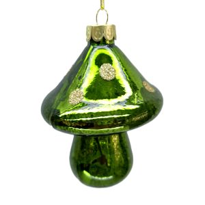 Holiday Ornament -  Glass Mushroom Green 3" Polka Dot Glitter