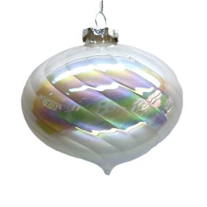 Holiday Ornament -  Glass Onion Irediscent Pearl White 4" Swirl Pattern