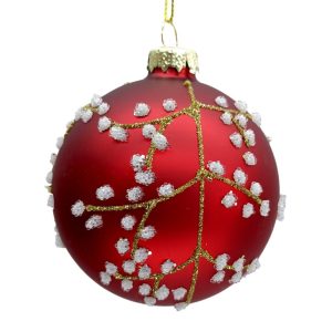 Holiday Ornament -  Glass Ball Matt Red 3" with Beaded Berry & Glitter