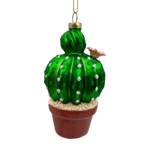 Holiday Ornament -  Glass Round Cactus 5" Green Glitter