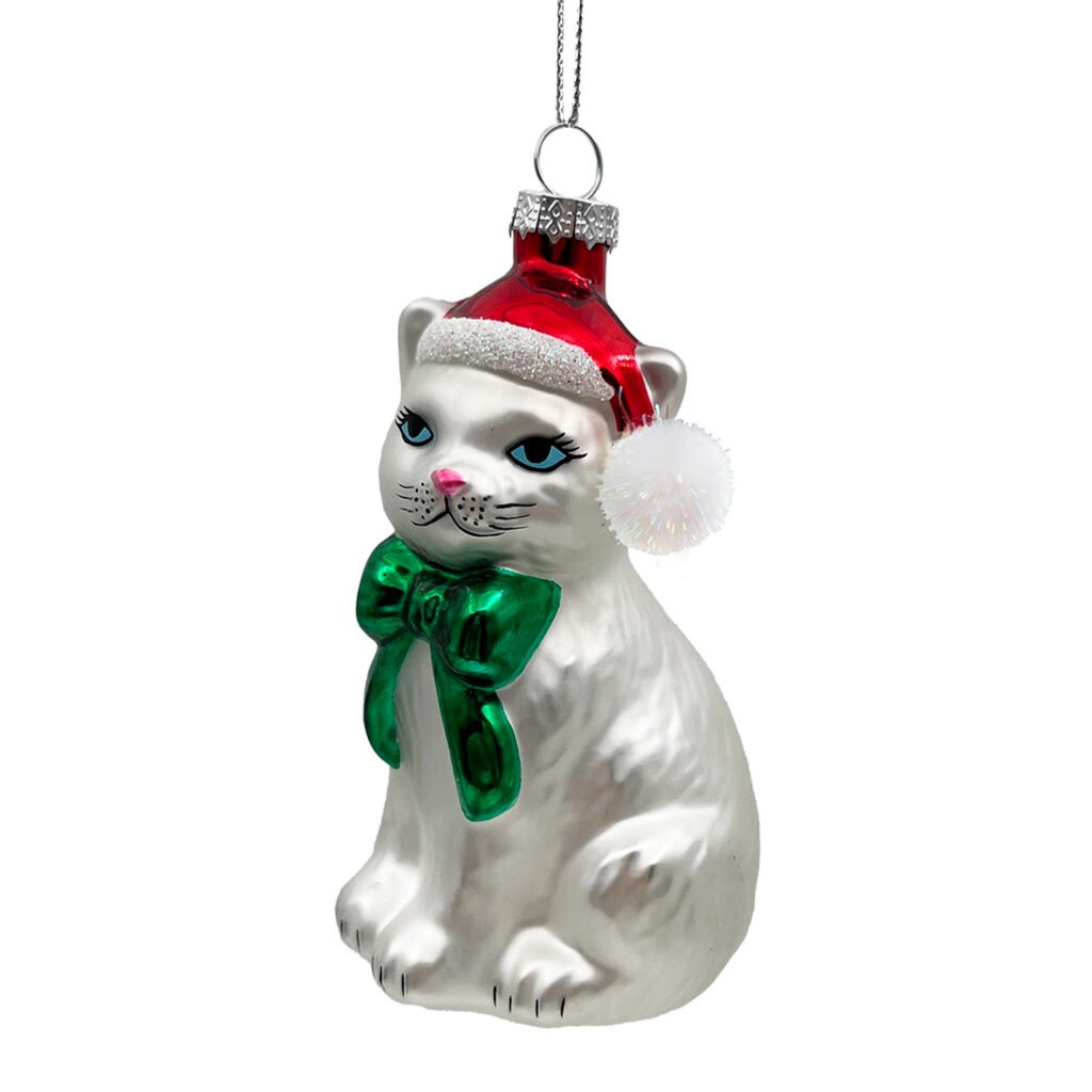 Holiday Ornament - Glass Cat with Santa Hat 4"