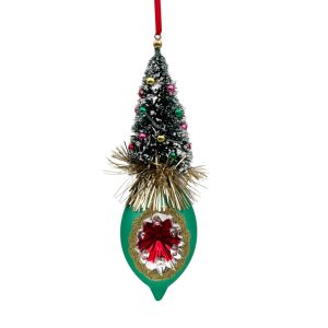 Holiday Ornament -  Glass Finial 7" Dented with Tree Top Multi Glitter