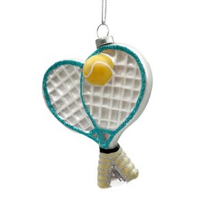 Holiday Ornament -  Glass Tennis Racket 4" White Glitter