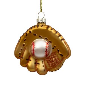 Holiday Ornament -  Glass Baseball Glove 3" Gold Glitter