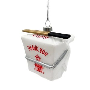 Holiday Ornament -  Glass Take Away Box 3" with Chopstick Glitter White