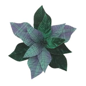 Holiday Decor - Poinsettia Head Emerald Green 11" Plaid 2-Tone with Glitter