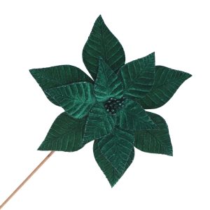 Holiday Decor - Poinsettia Stem Emerald Green 12" Velvet Ribbed with Glitter Trim