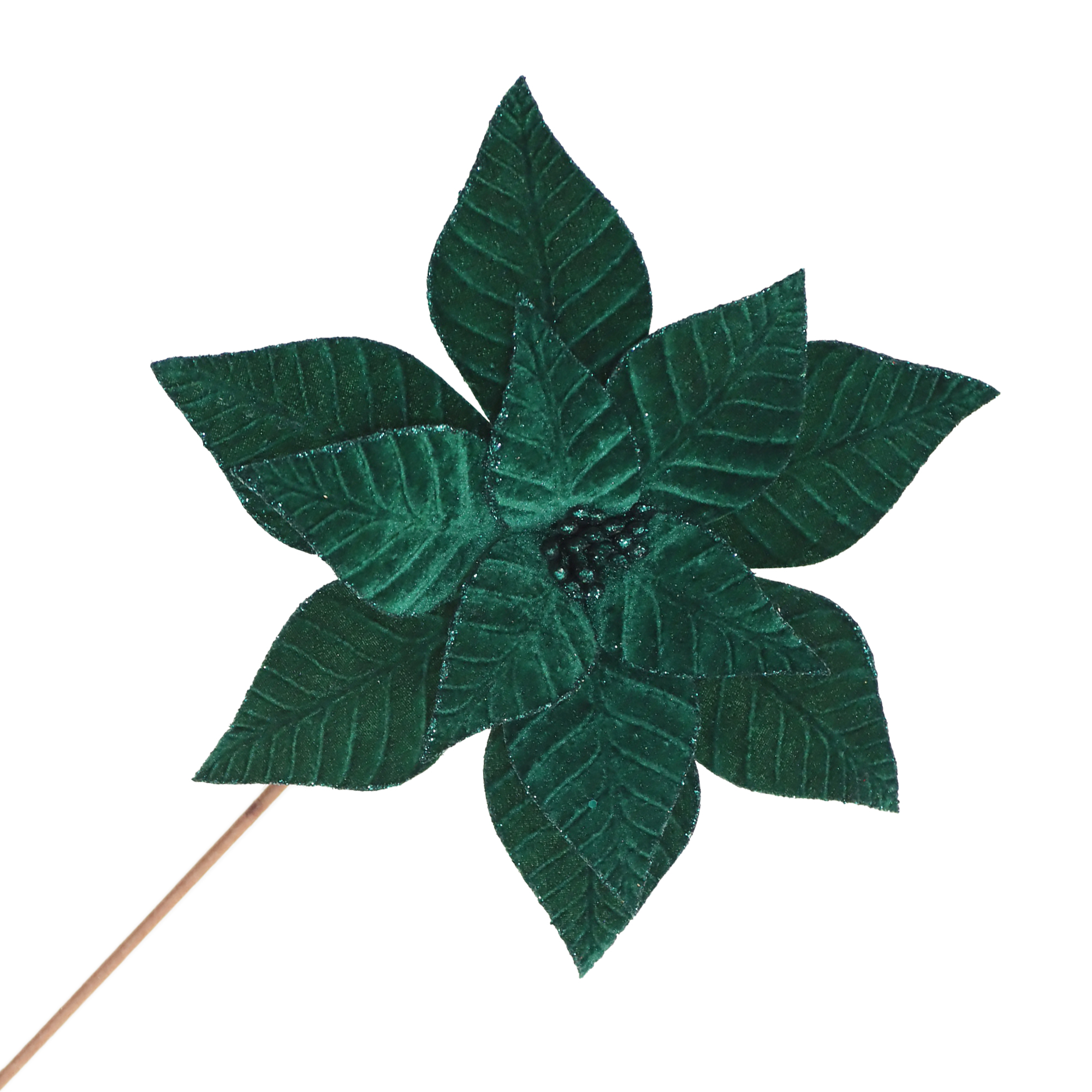 Holiday Decor - Poinsettia Stem Emerald Green 12" Velvet Ribbed with Glitter Trim