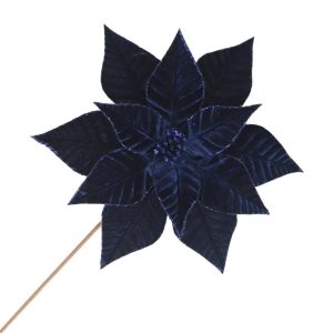 Holiday Decor - Poinsettia Stem Navy Blue 12" Velvet Ribbed with Glitter Trim