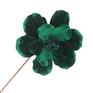 Holiday Decor - Magnolia Stem Velvet Emerald Green 10" with Glitter Center