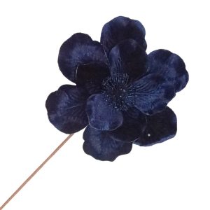 Holiday Decor - Magnolia Stem Velvet Navy Blue 10" with Glitter Center