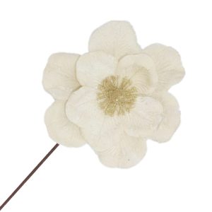 Holiday Decor - Magnolia Stem Velvet Ivory 10" with Glitter Center