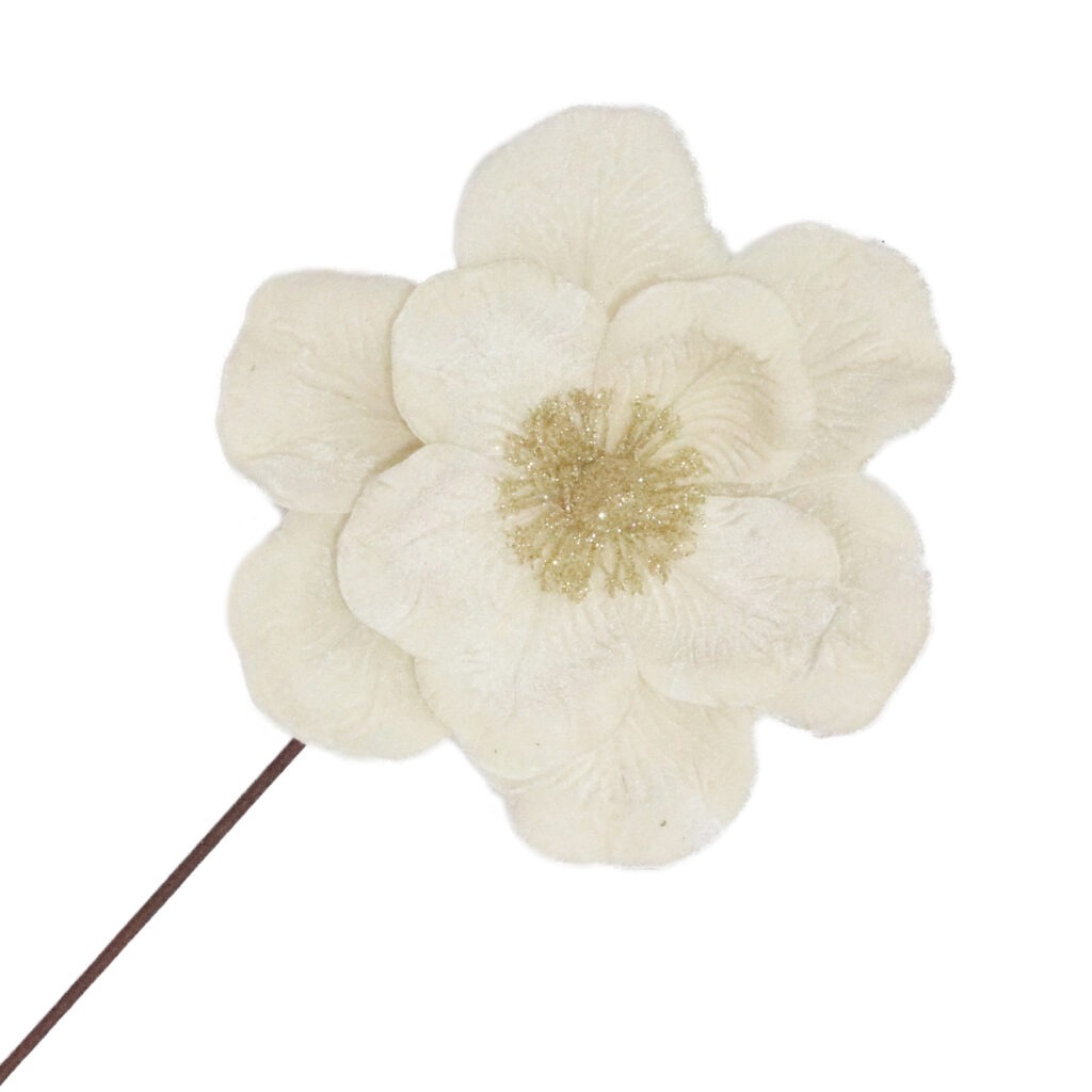 Holiday Decor - Magnolia Stem Velvet Ivory 10" with Glitter Center
