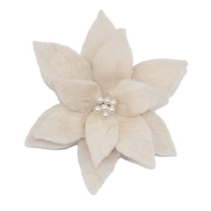 Holiday Decor - Poinsettia Head Champagne 11" Faux Fur with Pearl Beads Center