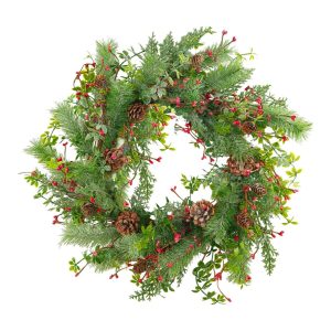 Holiday Decor - Wreath Mixed Pine & Vines Green/Red 24" Frosted with Pinecone & Berry
