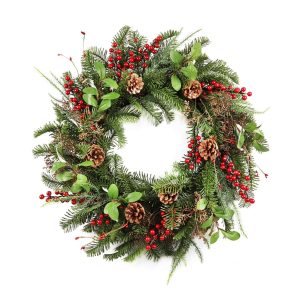 Holiday Decor - Wreath Greenery/Pine 24" Natural with Pinecones & Red Berries