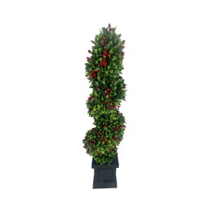 Holiday Decor - Spiral Tree Boxwood Potted 36" Spiral with Berries Red/Green