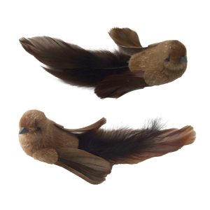 Holiday Ornament - Bird Brown Feather/Fabric 7" with Clip