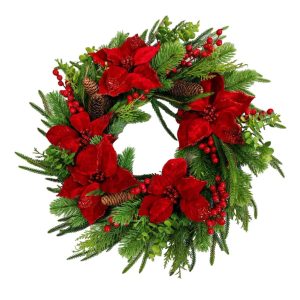 Holiday Decor - Wreath Poinsettia/Needle Pine 24'' Red
