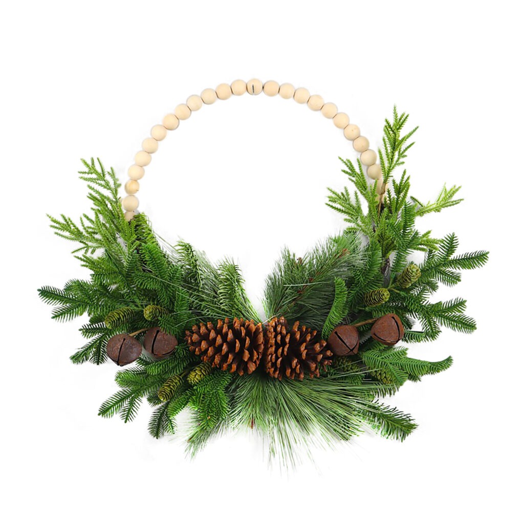 Holiday Decor - Wreath Mixed Evergreen 22" Green/Natural with Wooden Bead, Pinecones & Bells