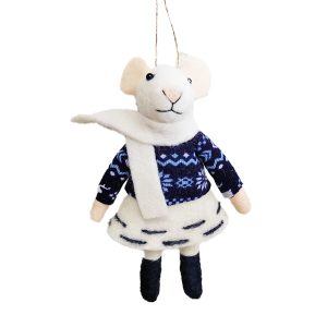 Holiday Ornament -  Wool Mouse 5.5" with Blue Clothing