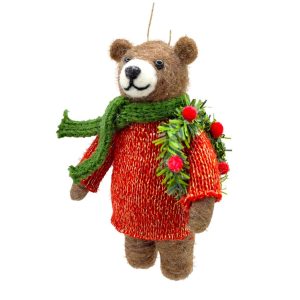 Holiday Ornament -  Wool Bear Brown 5" Wearing An Orange Sweater, Green Scarf, & Wreath