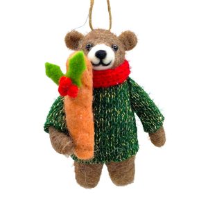 Holiday Ornament -  Wool Bear Brown 4" Wearing A Green Sweater & A Red Scarf