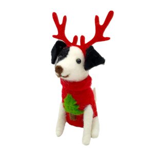 Holiday Ornament -  Wool Dog 5" Wearing A Sweater & Reindeer Antlers