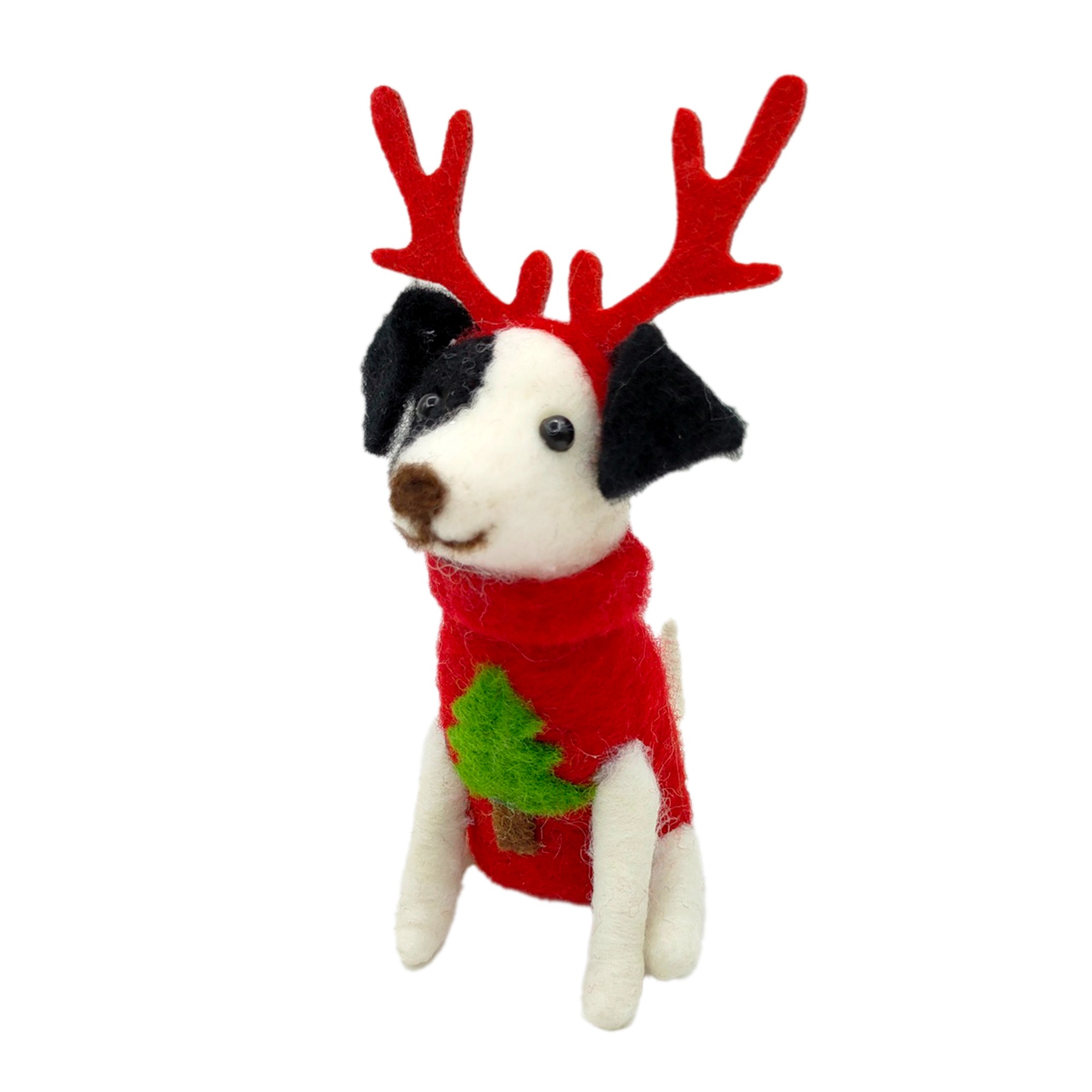 Holiday Ornament - Wool Dog 5" Wearing A Sweater & Reindeer Antlers