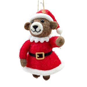 Holiday Ornament -  Wool Bear Red/Brown 5" Girl Dressed In A Santa Costume