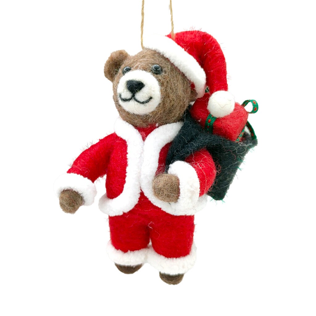 Holiday Ornament - Wool Bear Red/Brown 5" Boy Dressed In A Santa Costume