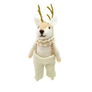 Holiday Ornament -  Wool Reindeer White 6" Wearing Knitted Pants & Scarf