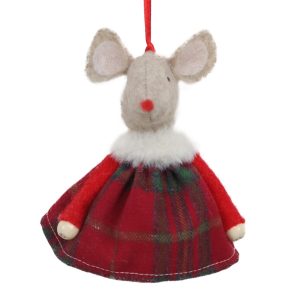 Holiday Ornament -  Fabric Mouse 4" In Red Plaid Dress with Fur Scarf
