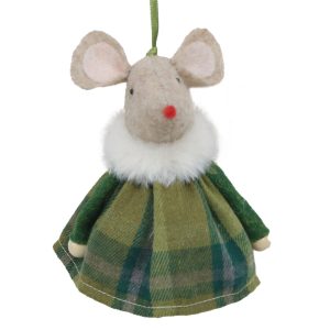 Holiday Ornament -  Fabric Mouse 4" In GreenPlaid Dress with Fur Scarf