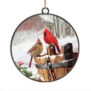 Holiday Ornament -  Metal Disc 4" Cardinals Perched On A Snowed Wooden Water Barrel