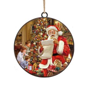Holiday Ornament -  Metal Disc 4" Santa Reading A Letter In Front Of Children