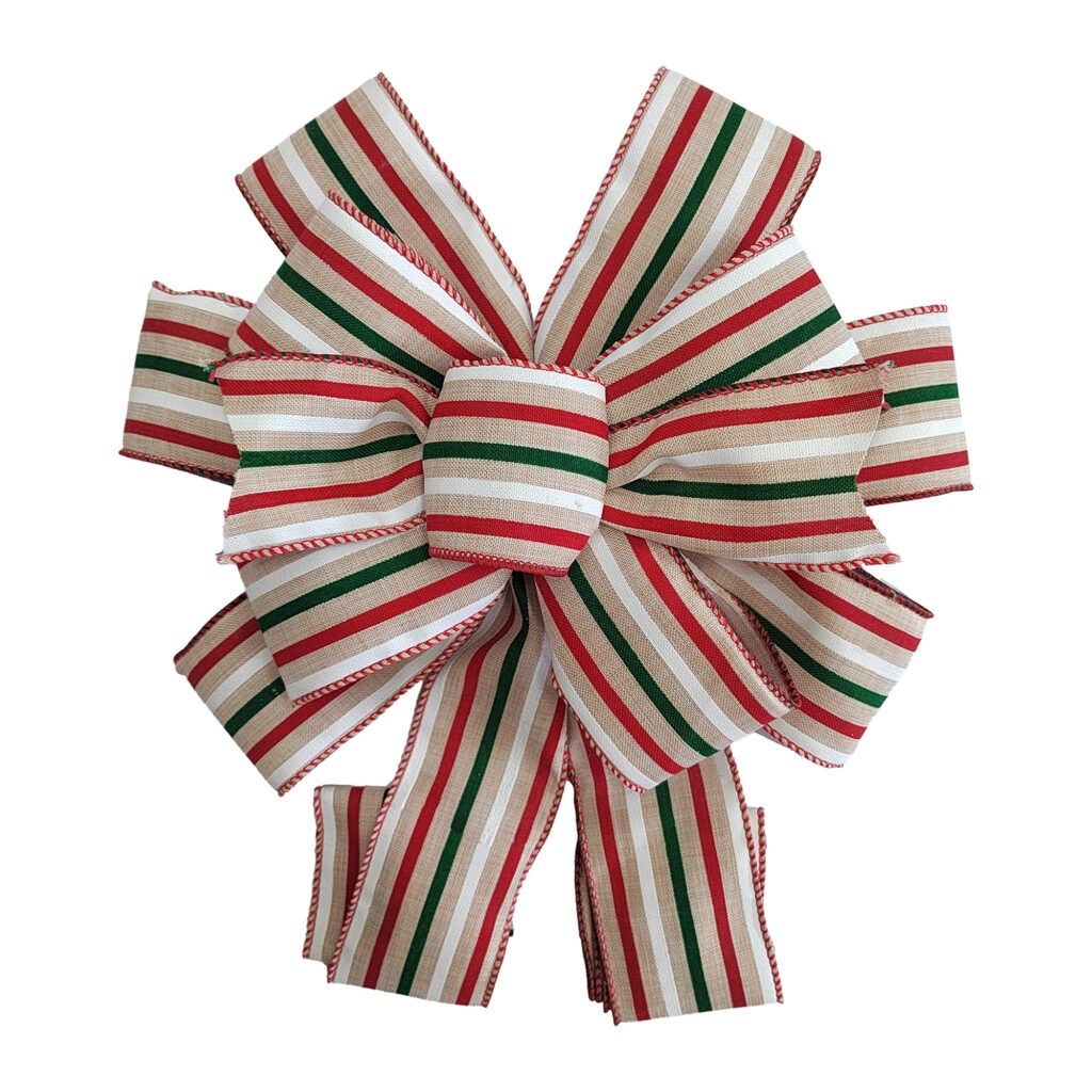 Holiday Decor - Bow Tree Topper Red/Cream/Beige/Green Stripes 11" X 31"
