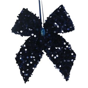 Holiday Ornament -  Fabric Bow 6" Dark Blue with Sequins