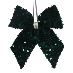Holiday Ornament -  Fabric Bow 6" Dark Green with Sequins