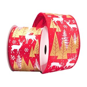 Holiday Decor - Wired Ribbon 2.5""X10 Yds. Red with White/Gold Reindeer/Trees/Snowflakes