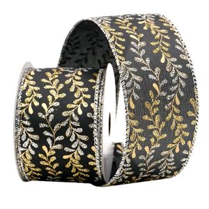 Holiday Decor - Wired Ribbon 2.5"X10 Yds. Black W/ Gold/Silver Floral Leaf Vines