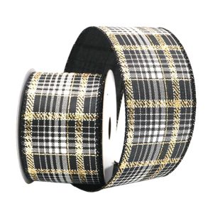 Holiday Decor - Wired Ribbon 2.5"X10 Yds. Black W/ White & Gold Plaid Pattern