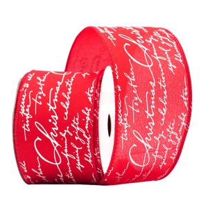 Holiday Decor - Wired Ribbon 2.5""X10 Yds. Deep Red with White Christmas Writtings