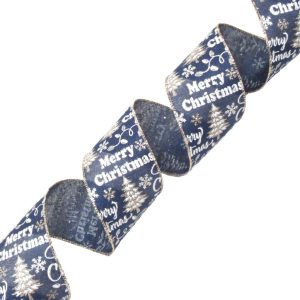 Holiday Decor - Wired Ribbon 2.5" X 10 Yds Navy Blue Burlap with Merry Christmas Tree & Snow
